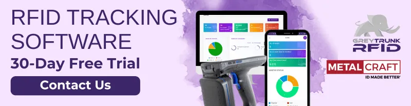 Grey Trunk RFID tracking software shown on desktop and mobile — 30-day free trial.